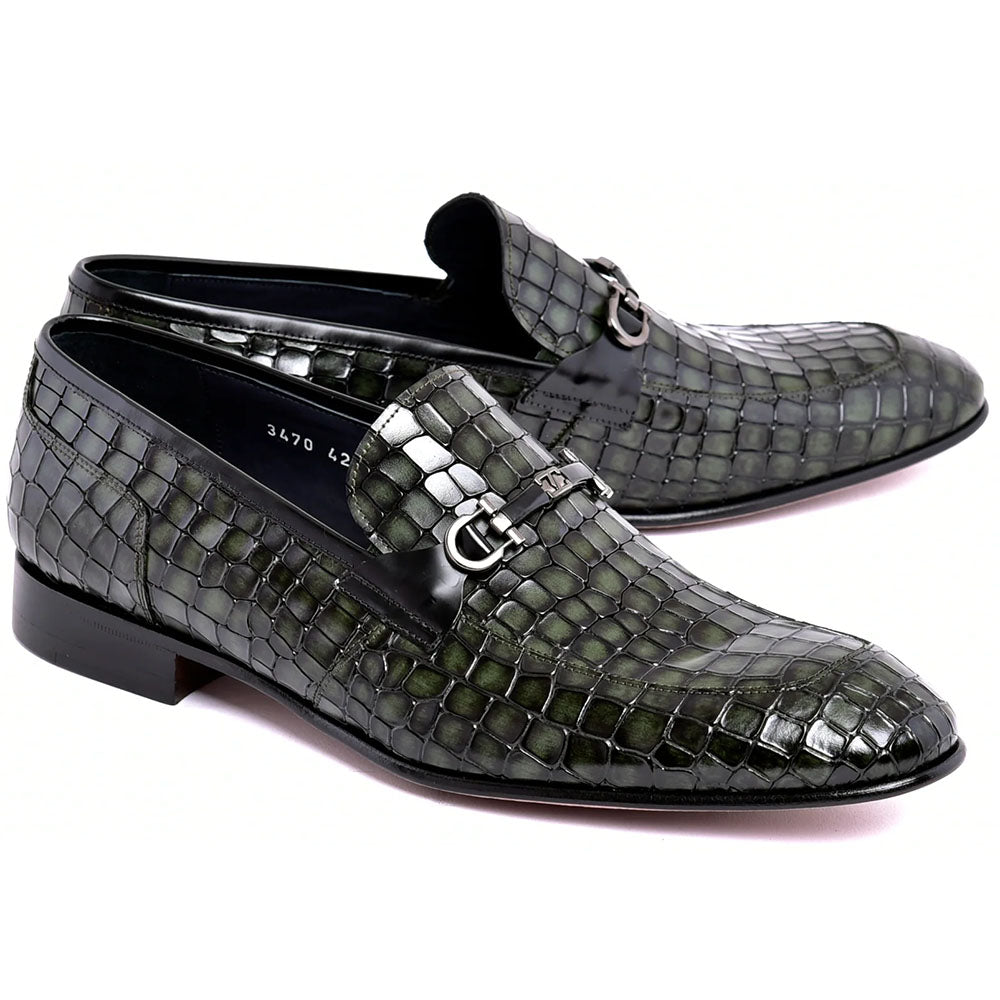 Corrente C01708-3470BC Crocodile Embossed Leather Bit Loafer Green
