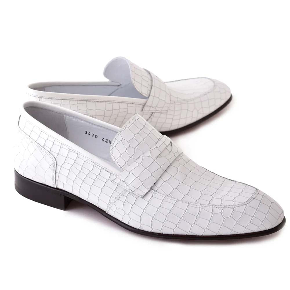 Corrente C01706-3470C Crocodile Embossed Penny Loafers White