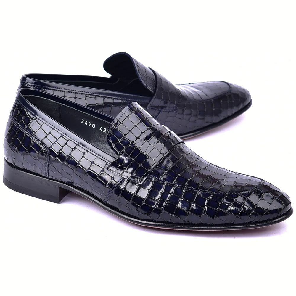 Corrente C125-3470 Croco Leather Loafers Dark Navy