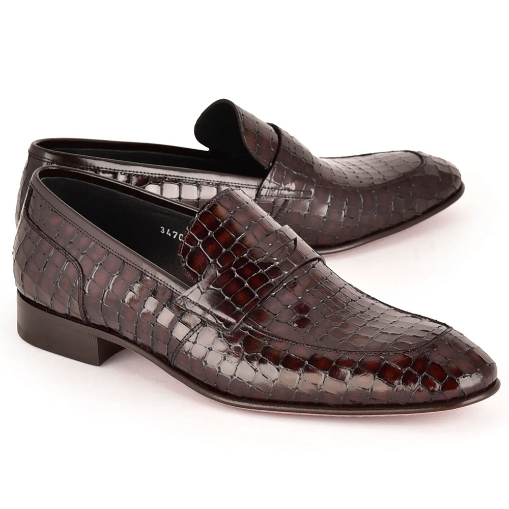 Corrente C126-3470 Croco Leather Loafers Brown
