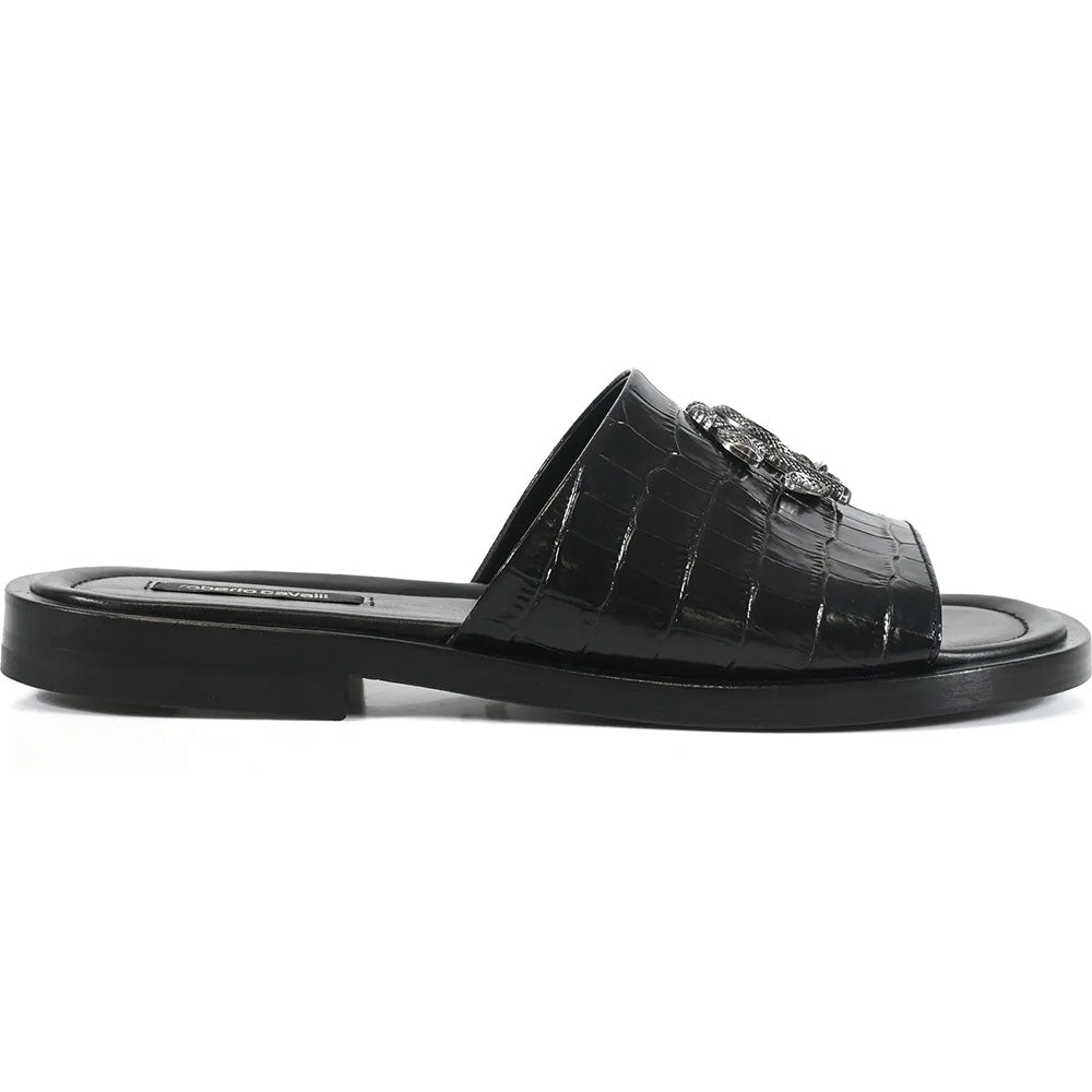 Roberto Cavalli Crocodile Embossed Leather Slide Sandal Black