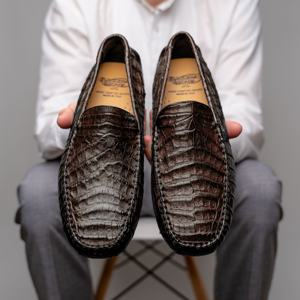 Calzoleria Toscana 4551 Crocodile Driving Shoes Dark Brown