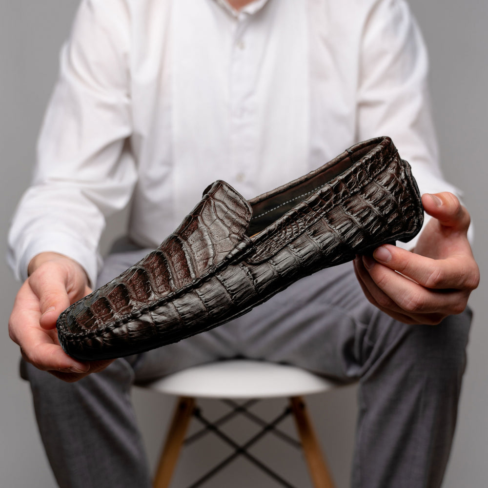 Calzoleria Toscana 4551 Crocodile Driving Shoes Dark Brown