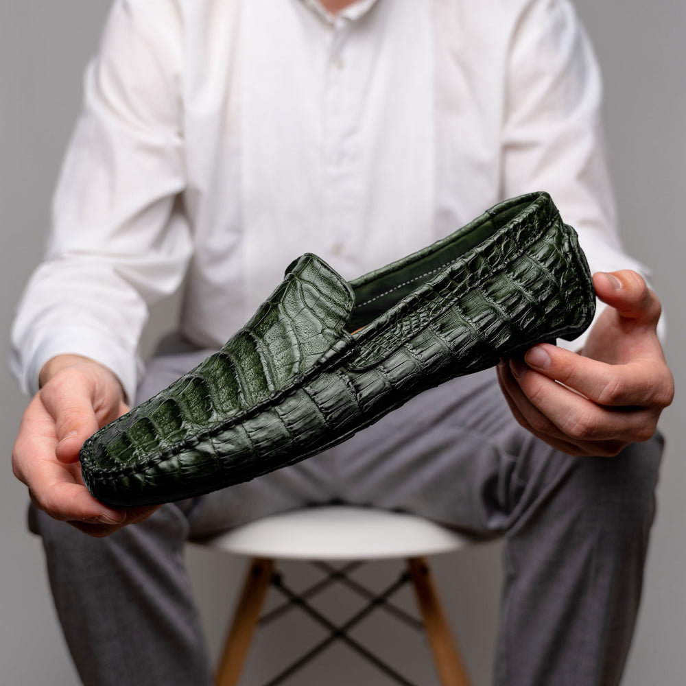 Calzoleria Toscana 4551 Crocodile Driving Shoes Green