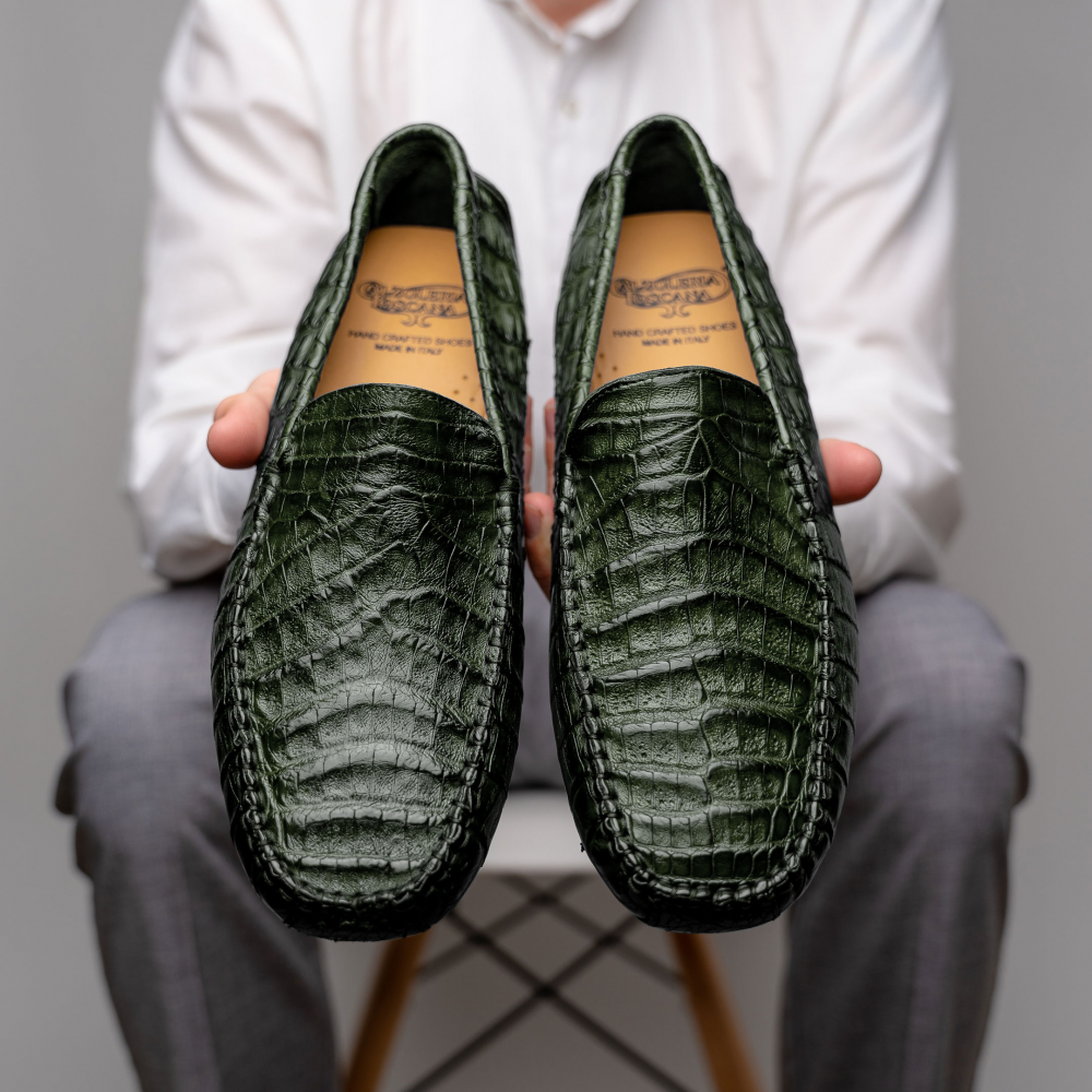 三*形様 【美品】 Calzoleria Toscana イタリア製 クロコ 2 Calzoleria Toscana 4551 Crocodile Driving Shoes Green