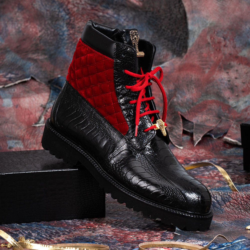 Mauri 4949/4 Ostrich Leg & Quilted Velvet Lace Up Boot Black / Red