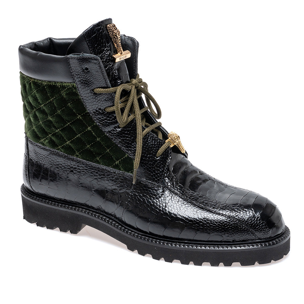 Mauri 4949/4 Ostrich Leg & Quilted Velvet Lace Up Boot Black / Money Green