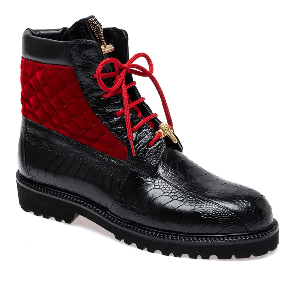 Mauri 4949/4 Ostrich Leg & Quilted Velvet Lace Up Boot Black / Red