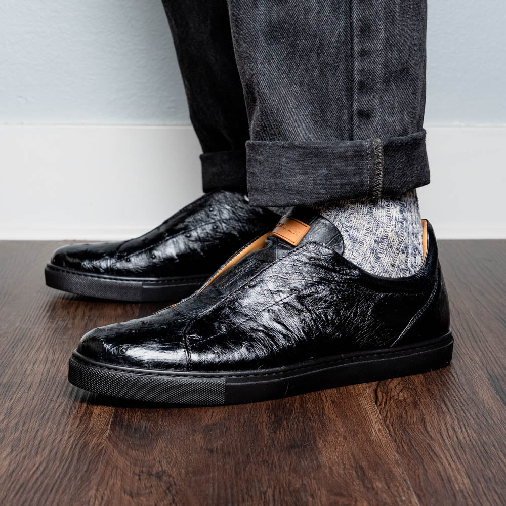 Mezlan Ostrich Slip-On Sneaker Black | MensDesignerShoe.com