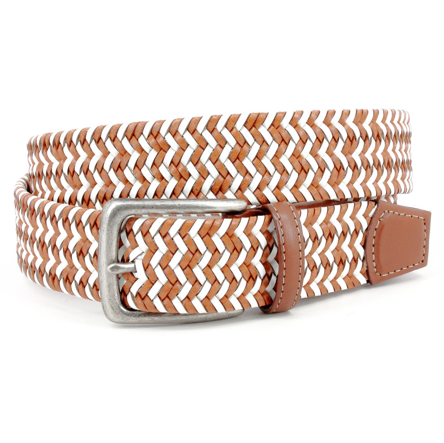Torino Leather Italian Woven Stretch Leather Belt White / Tan