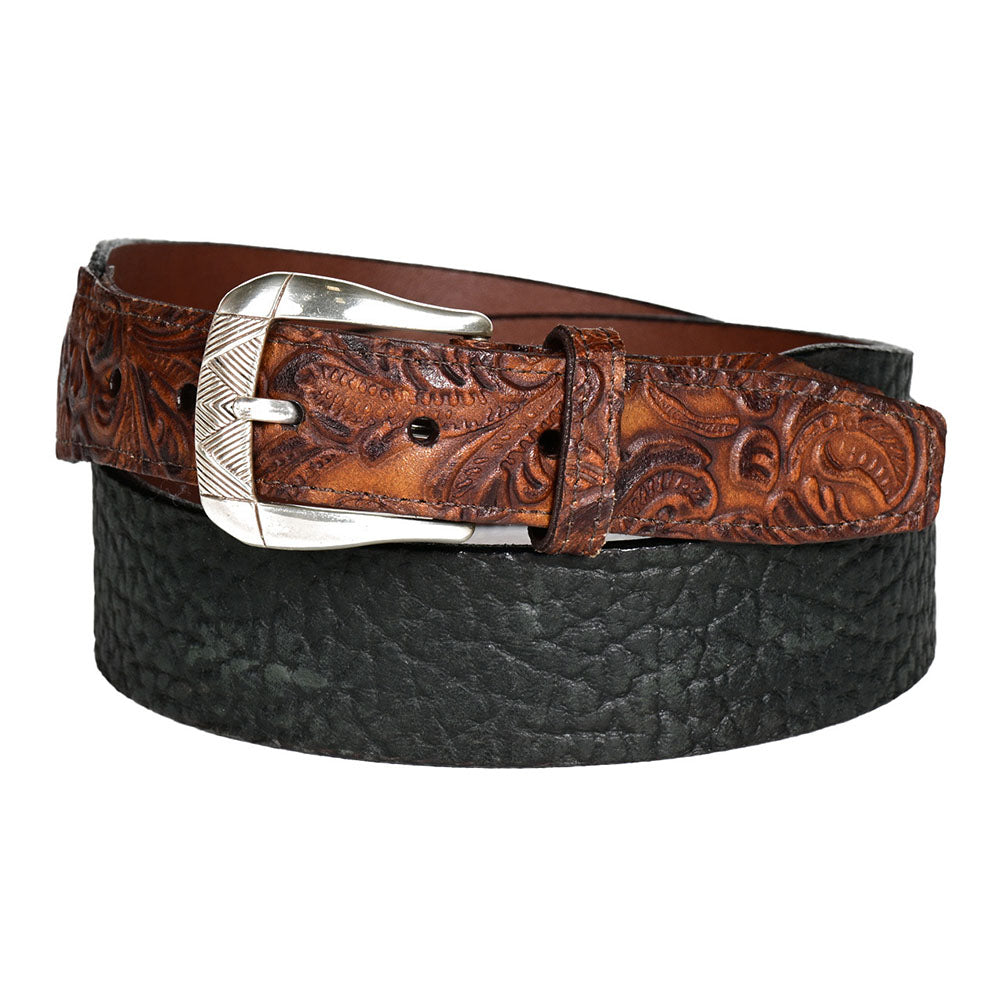 Torino Leather Tooled Cowhide Leather Belt Black / Cognac