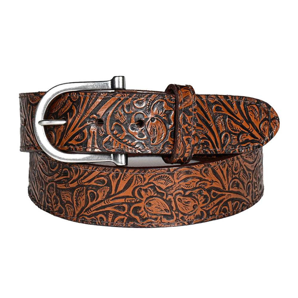 Torino Leather Tooled Cowhide Leather Belt Antique Cognac
