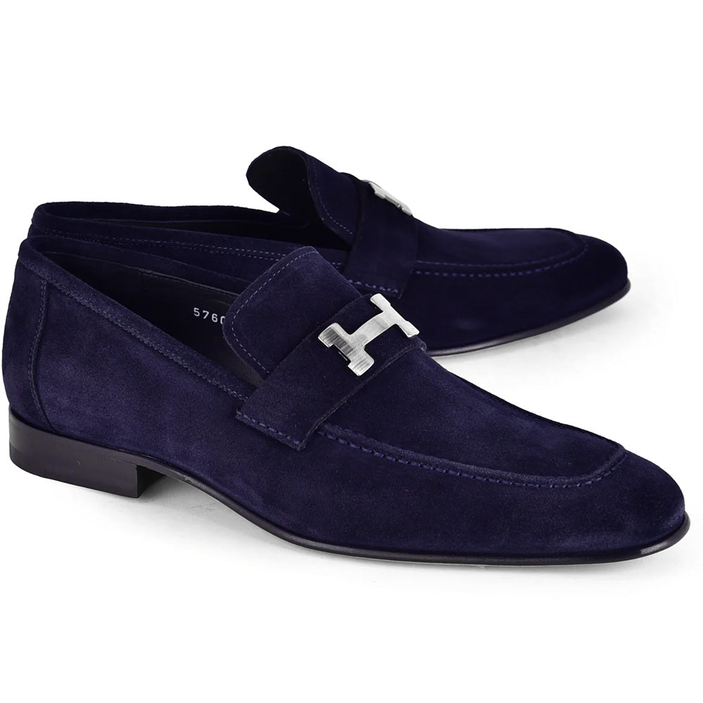 Corrente C02005-5760 H Buckle Suede Loafers Navy