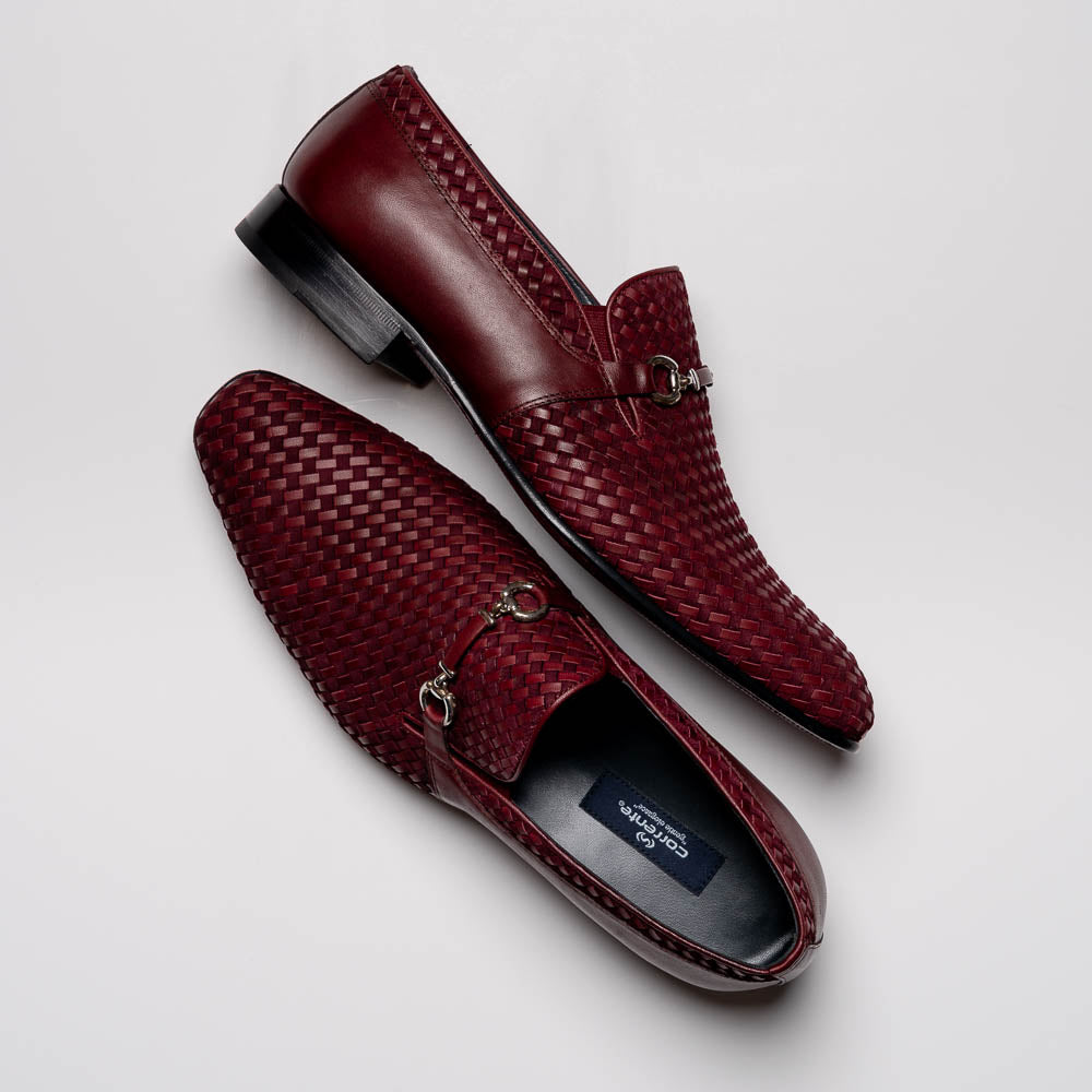 Corrente C023-5776 Buckle Woven Loafer Shoes Burgundy