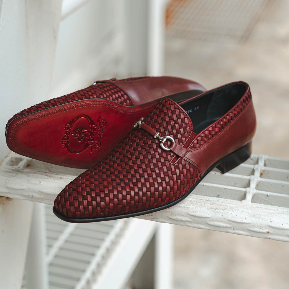 Corrente C023-5776 Buckle Woven Loafer Shoes Burgundy