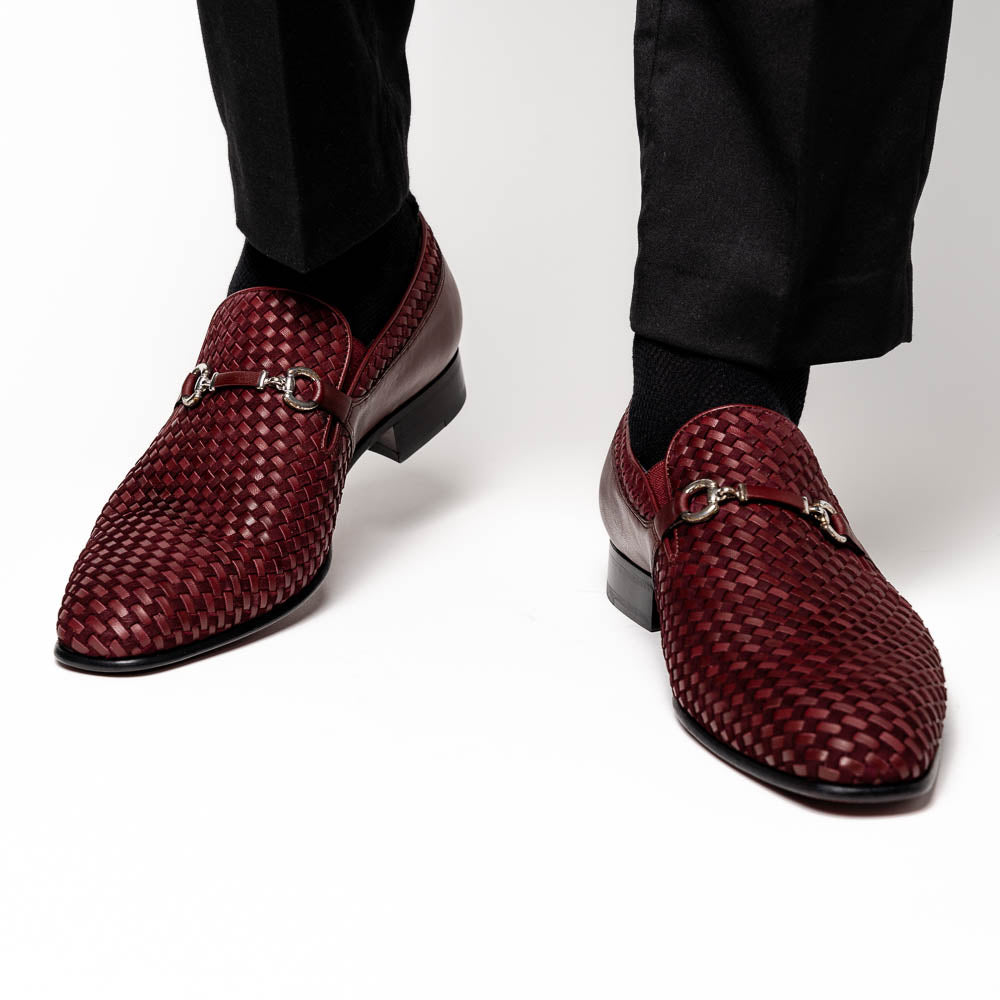 Corrente C023-5776 Buckle Woven Loafer Shoes Burgundy