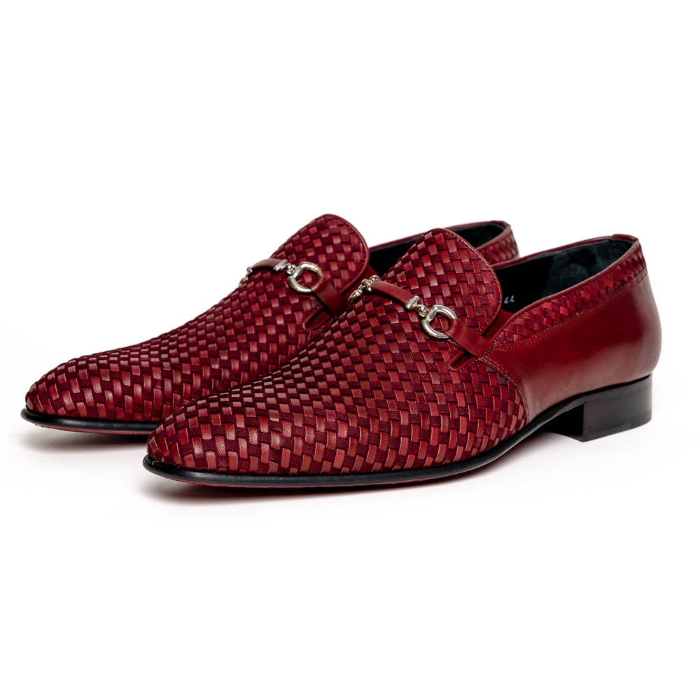 Corrente C023-5776 Buckle Woven Loafer Shoes Burgundy