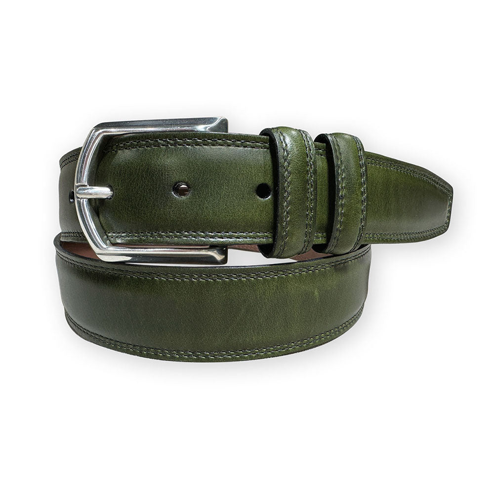 Torino Leather Italian Contrast Stitched Padded Calfskin Belt Olive