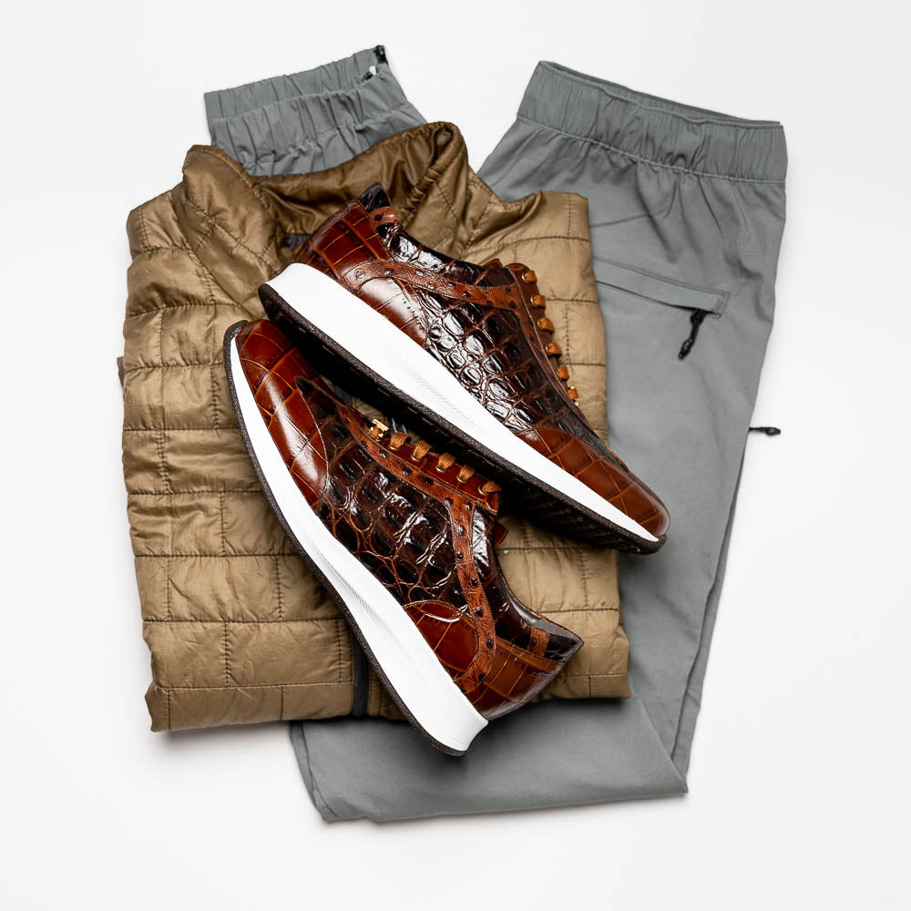 Maseratti Vidal 6002 Embossed Crocodile / Caiman / Ostrich Sneakers Brown