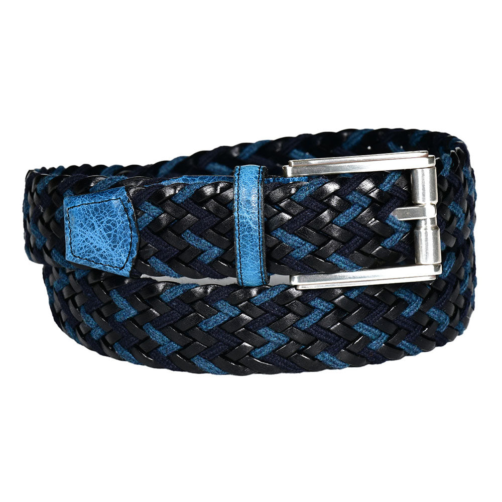 Torino Leather Italian Chevron Weave Distressed Calfskin Belt Blue / Navy