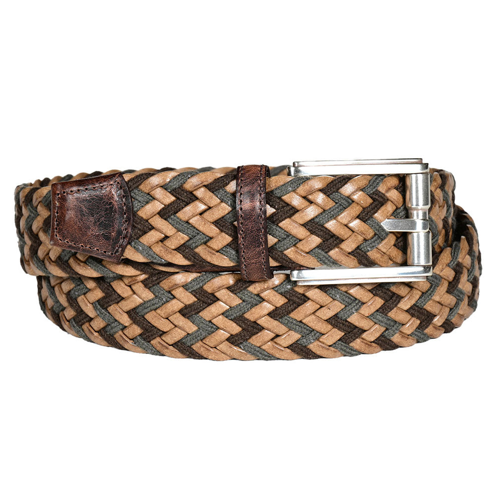 Torino Leather Italian Chevron Weave Distressed Calfskin Belt Olive / Tan / Brown