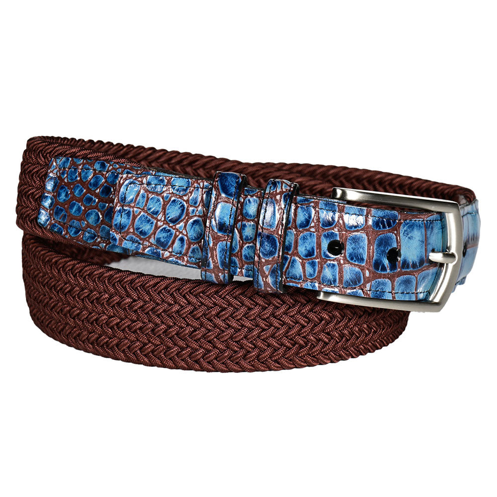 Torino Leather Italian Woven Rayon Stretch Crocodile Embossed Calfskin Belt Cinnamon / Blue