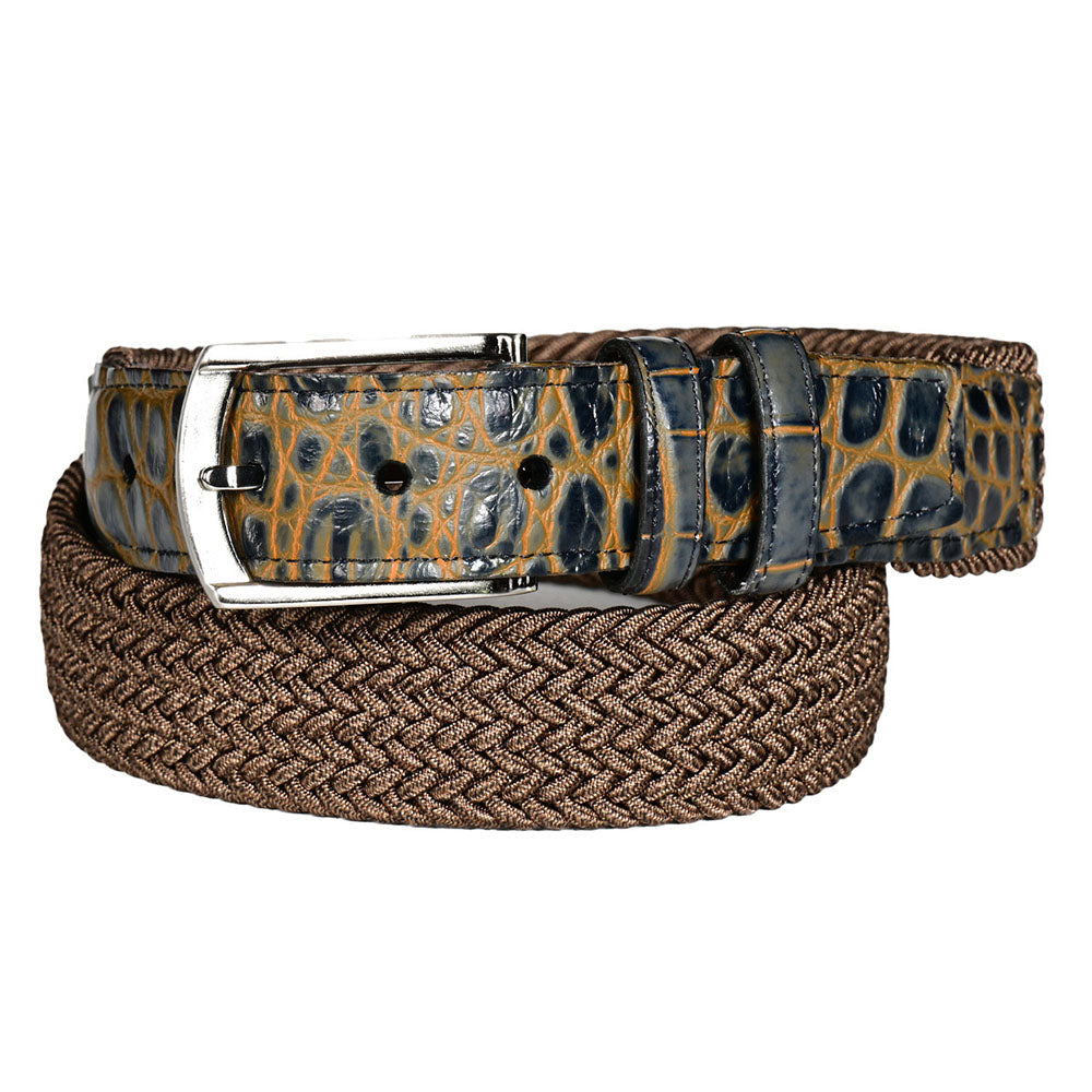 Torino Leather Italian Woven Rayon Stretch Crocodile Embossed Calfskin Belt Mocha / Charcoal