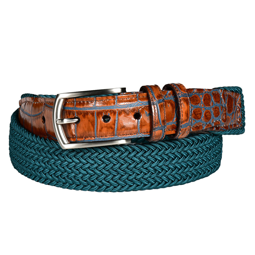 Torino Leather Italian Woven Rayon Stretch Crocodile Embossed Calfskin Belt Teal / Tan