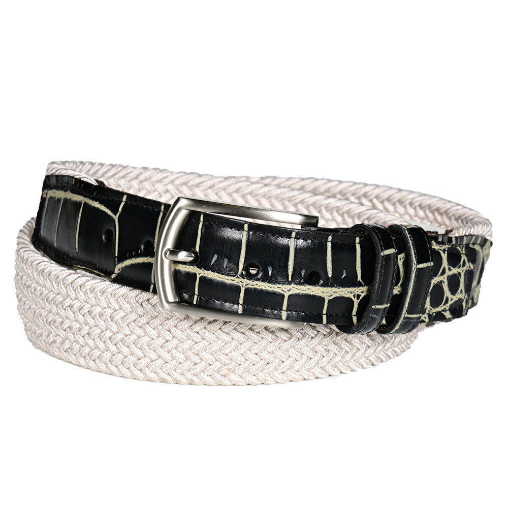Torino Leather Italian Woven Rayon Stretch Crocodile Embossed Calfskin Belt Black / Beige
