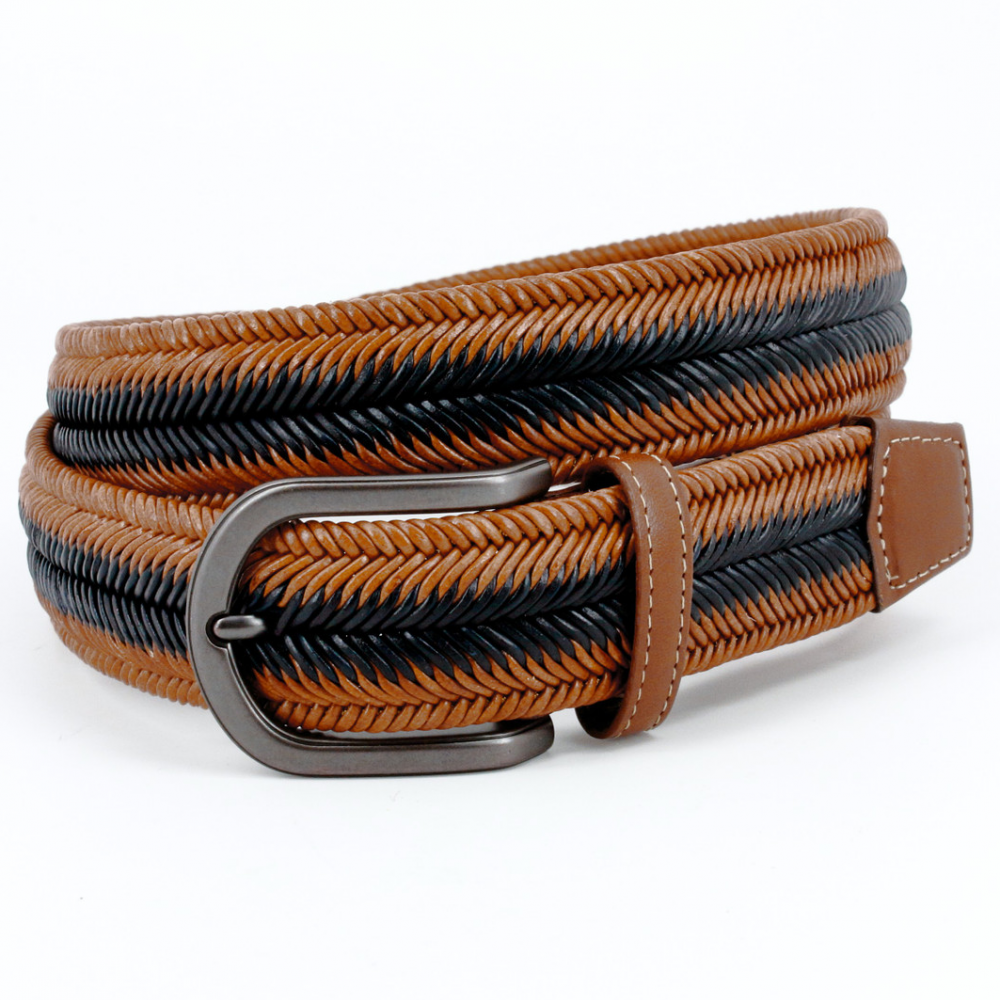 Torino Leather Italian Woven Herringbone Stretch Leather Belt Saddle / Navy