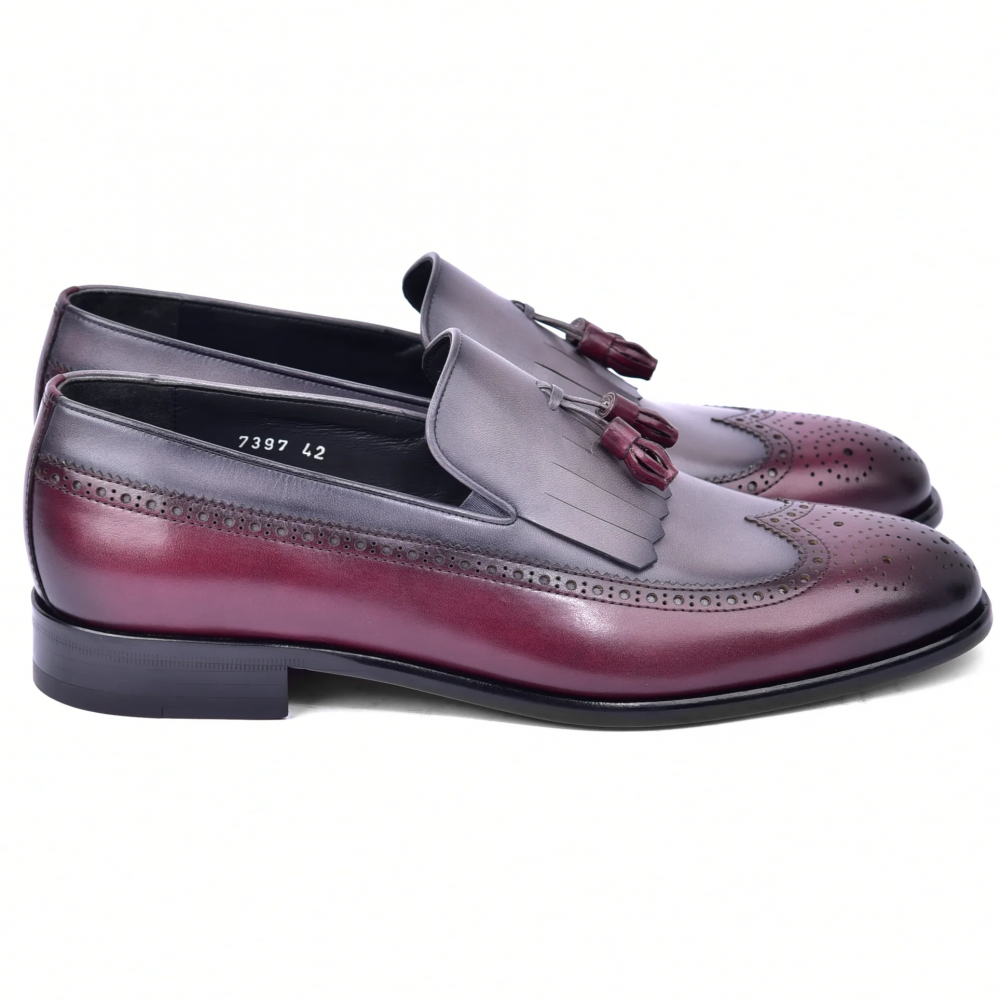 Corrente C00018-7397 Wing Tip Kiltie Tassel Loafer Burgundy / Grey