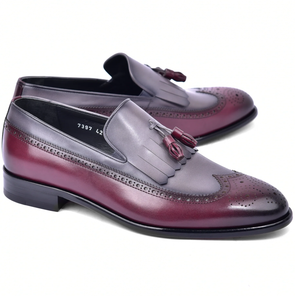 Corrente C00018-7397 Wing Tip Kiltie Tassel Loafer Burgundy / Grey