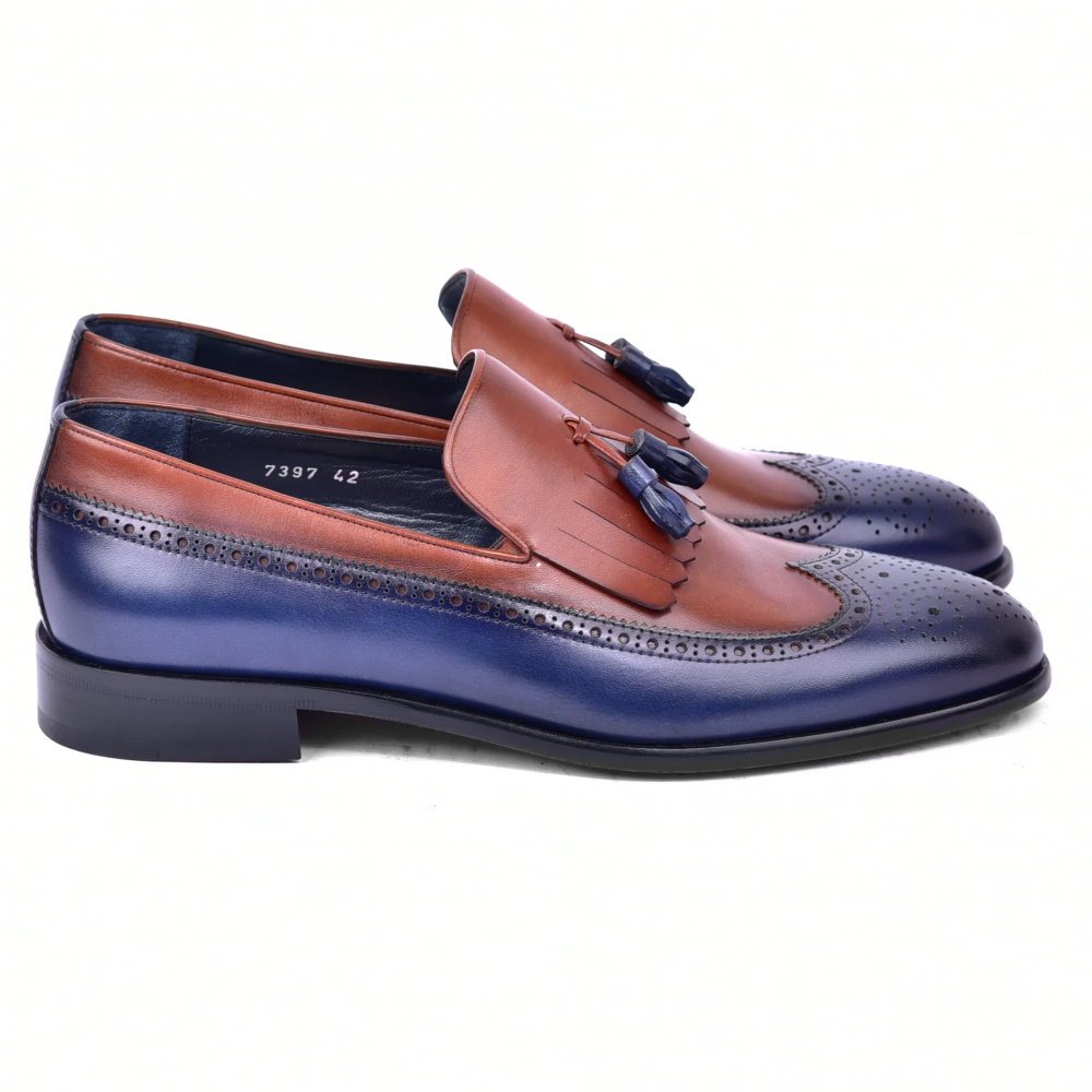 Corrente C00019-7397 Wing Tip Kiltie Tassel Loafer Navy / Brown