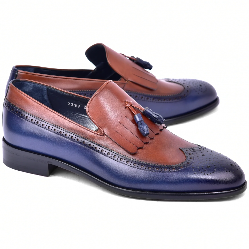 Corrente C00019-7397 Wing Tip Kiltie Tassel Loafer Navy / Brown