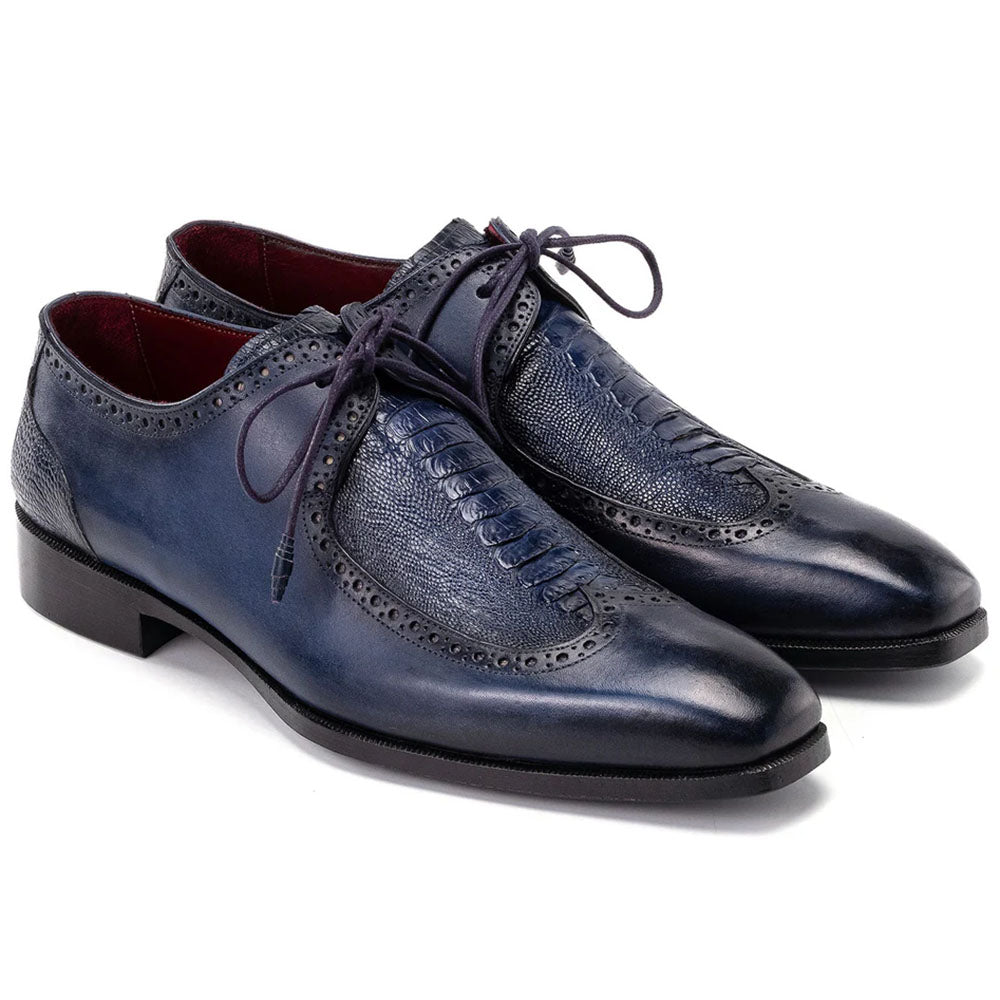 Paul Parkman Genuine Ostrich Leg & Calfskin Derby Shoes Navy Blue 