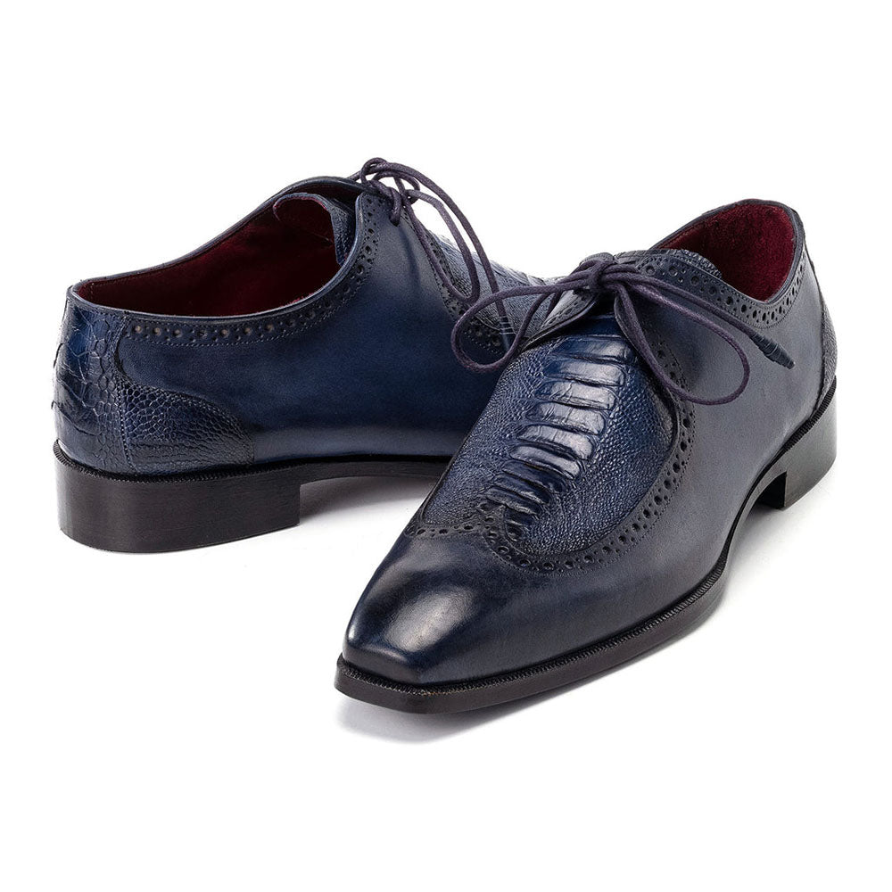 Paul Parkman Genuine Ostrich Leg & Calfskin Derby Shoes Navy Blue 