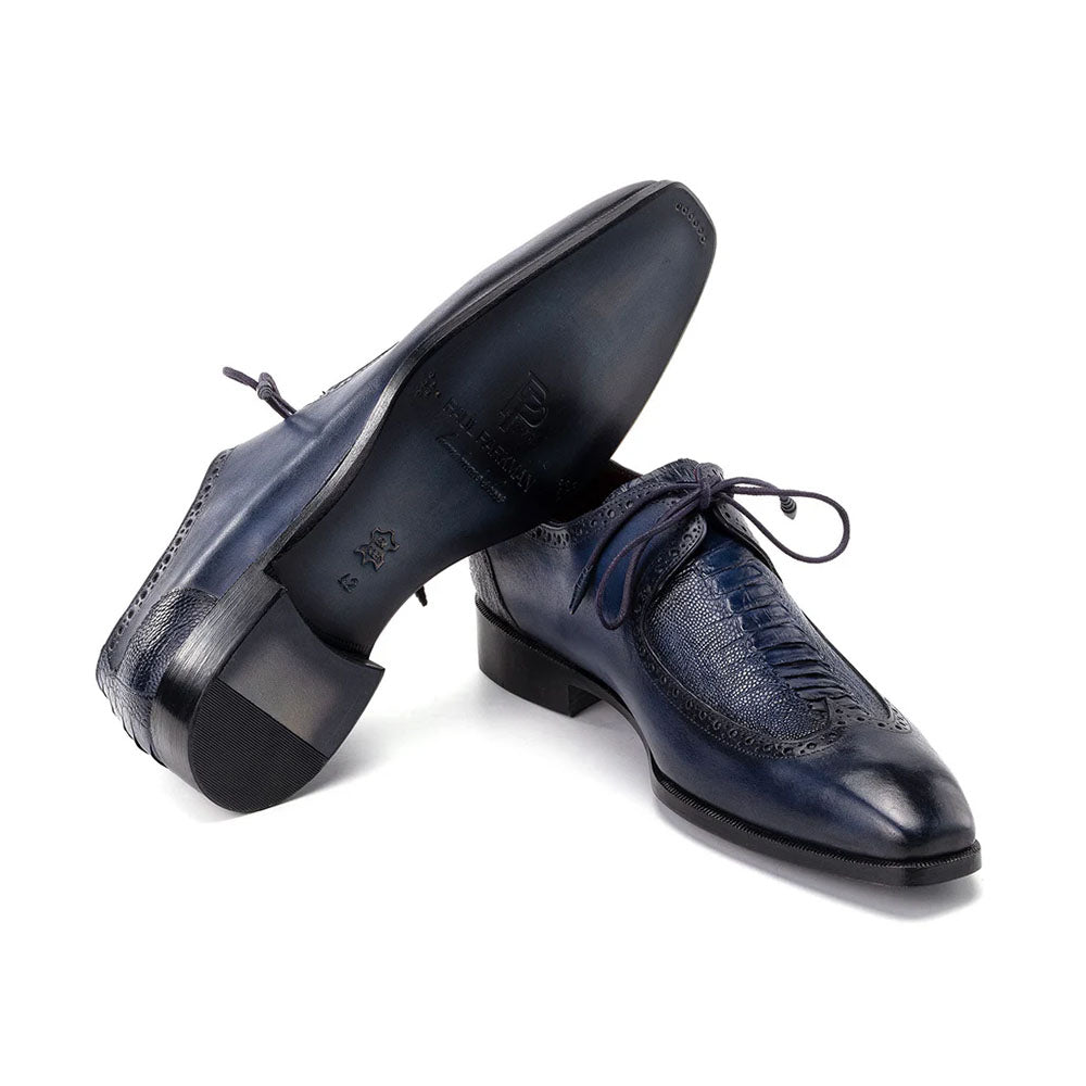 Paul Parkman Genuine Ostrich Leg & Calfskin Derby Shoes Navy Blue 