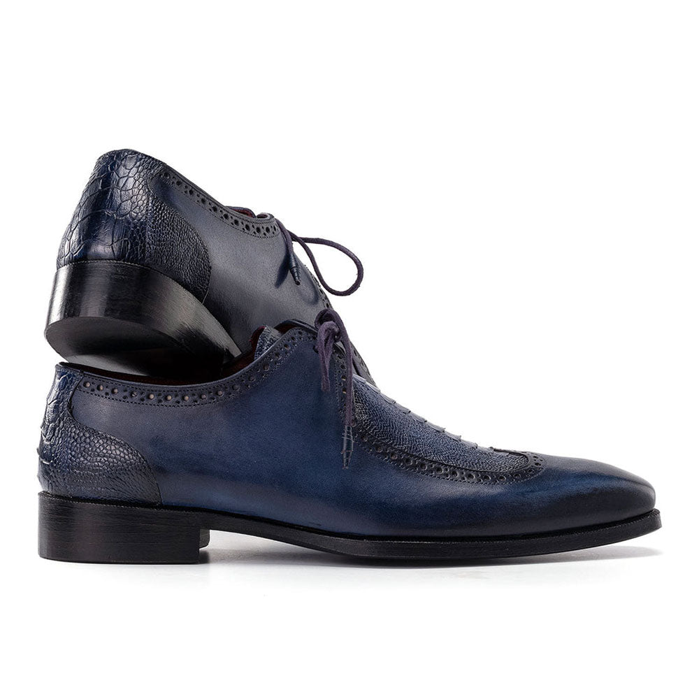 Paul Parkman Genuine Ostrich Leg & Calfskin Derby Shoes Navy Blue 