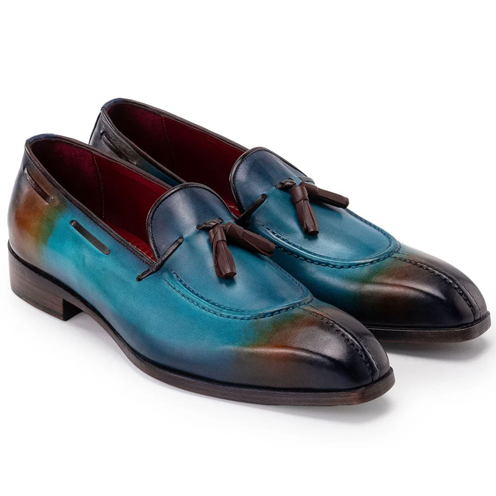 Paul Parkman Men's Split Toe Tassel Loafers Patina Leather Blue