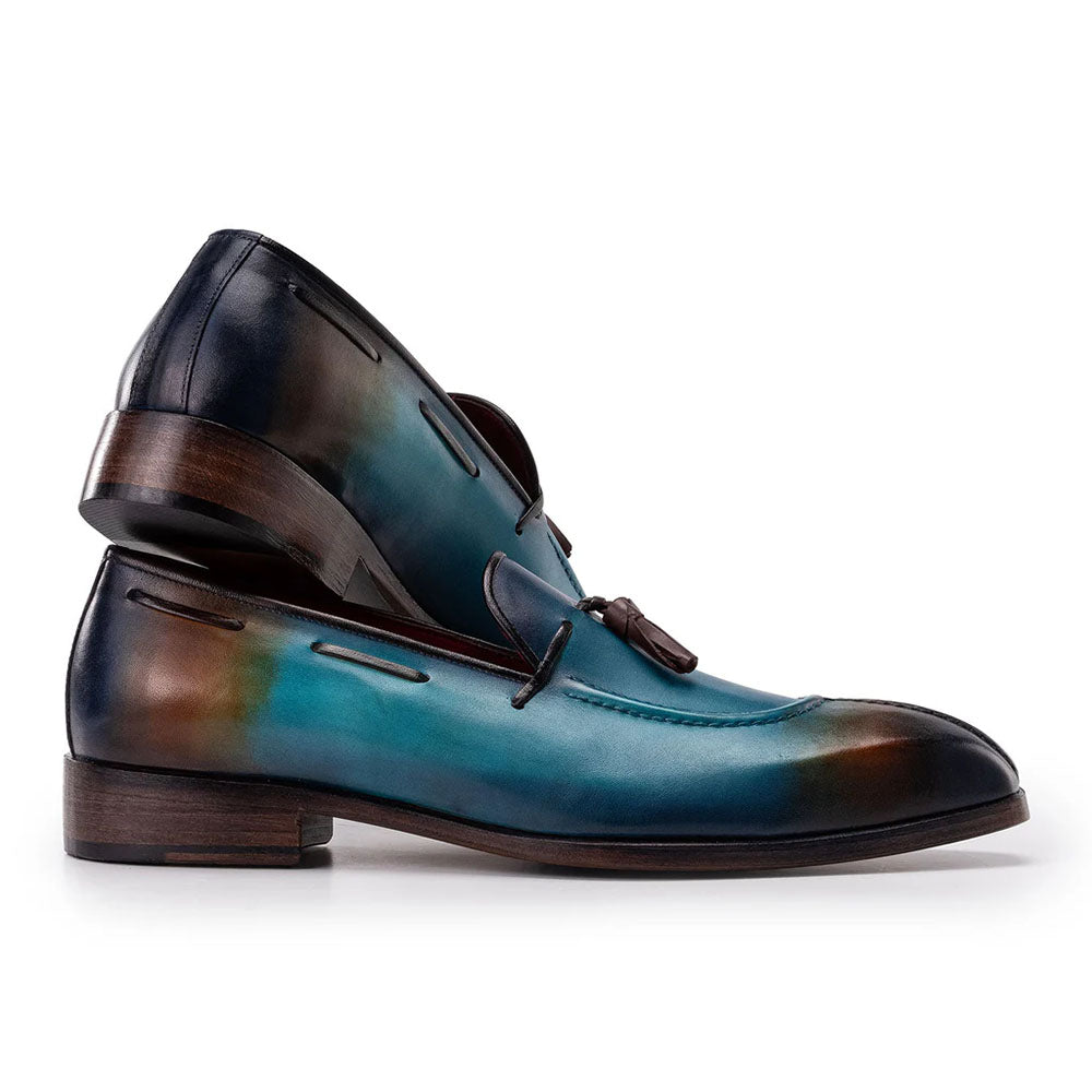 Paul Parkman Men's Split Toe Tassel Loafers Patina Leather Blue