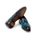 Paul Parkman Men's Split Toe Tassel Loafers Patina Leather Blue
