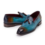 Paul Parkman Men's Split Toe Tassel Loafers Patina Leather Blue
