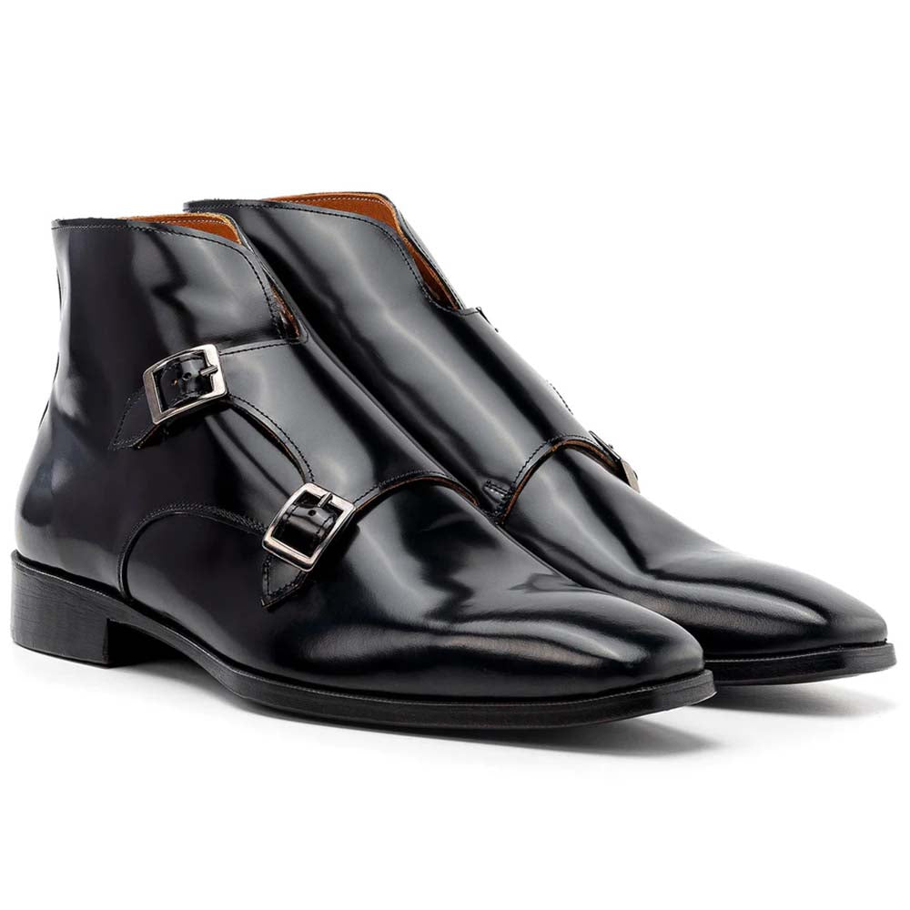 Paul Parkman Polished Leather Double Monkstrap Ankle Boots Black