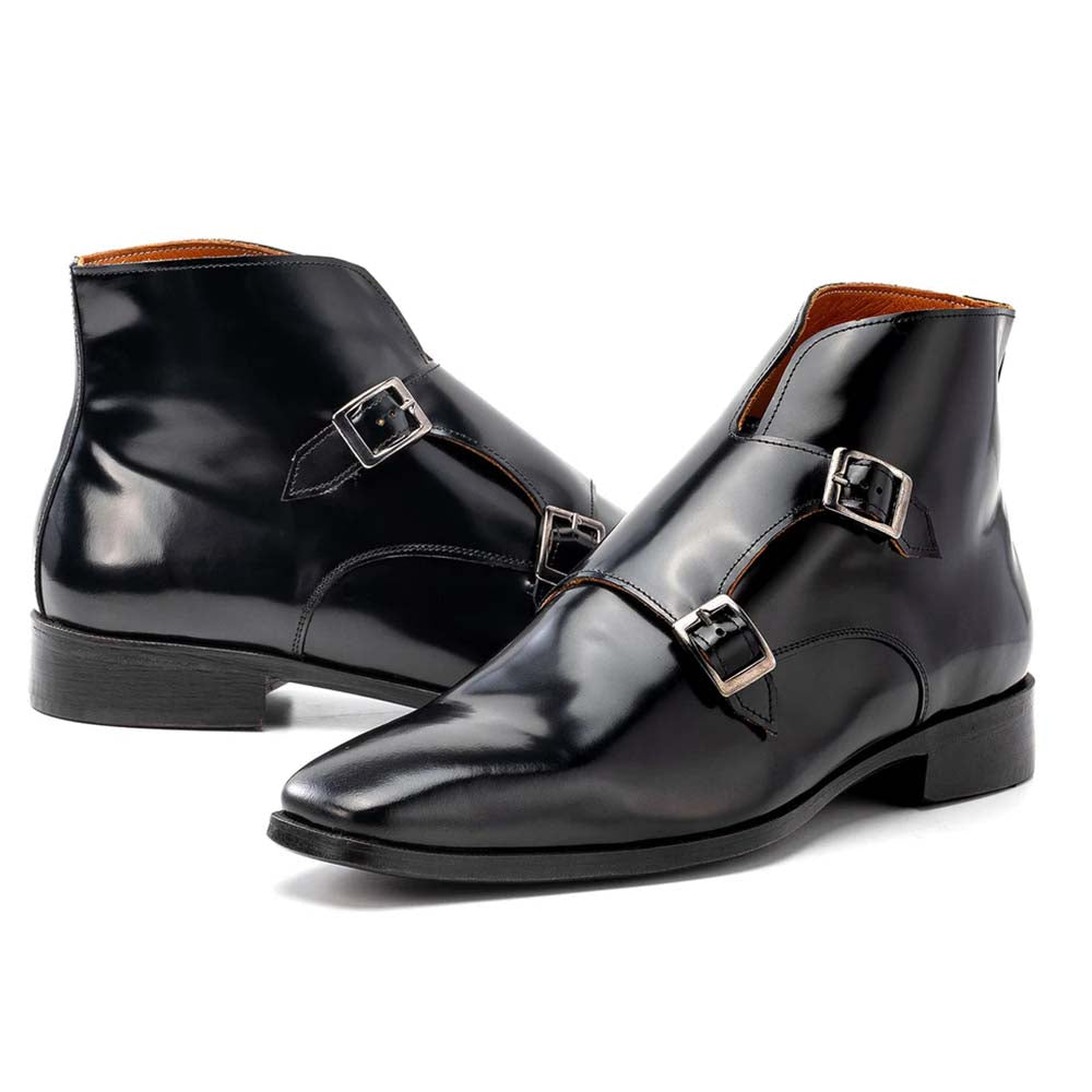 Paul Parkman Polished Leather Double Monkstrap Ankle Boots Black