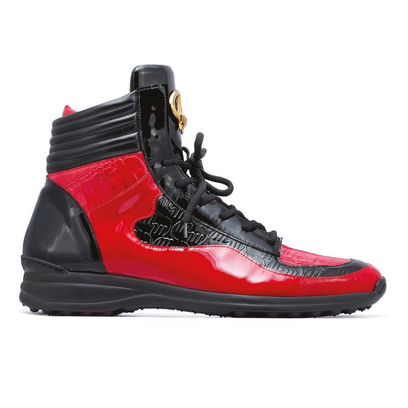 Mauri 8401 Flash Crocodile & Ostrich High Top Sneakers Black / Red (Special Order)