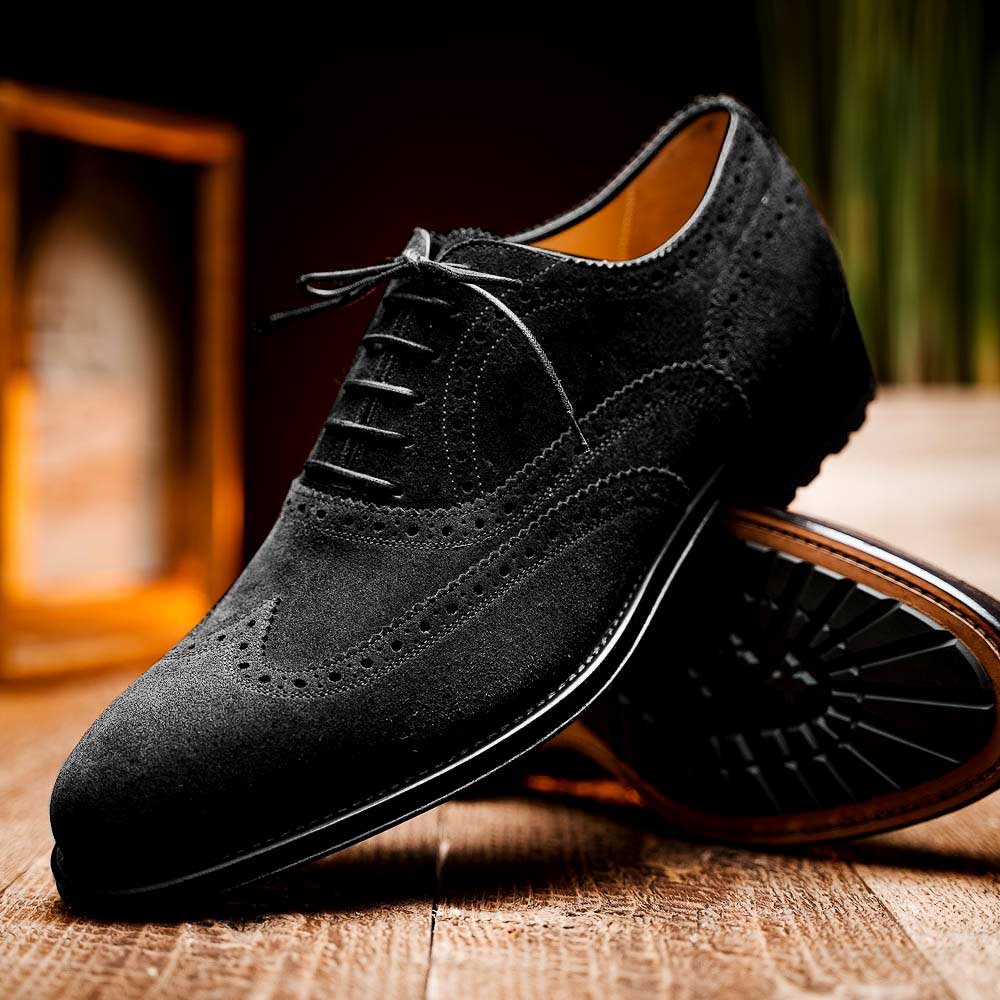 Caporicci 921 Suede Wingtip Oxfords Black | MensDesignerShoe.com