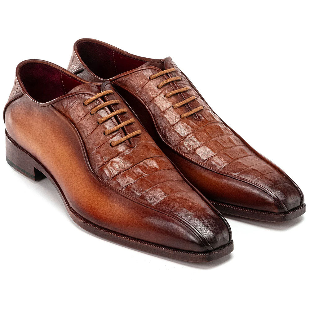 Paul Parkman Croco Textured Leather Bicycle Toe Oxfords Camel / Brown