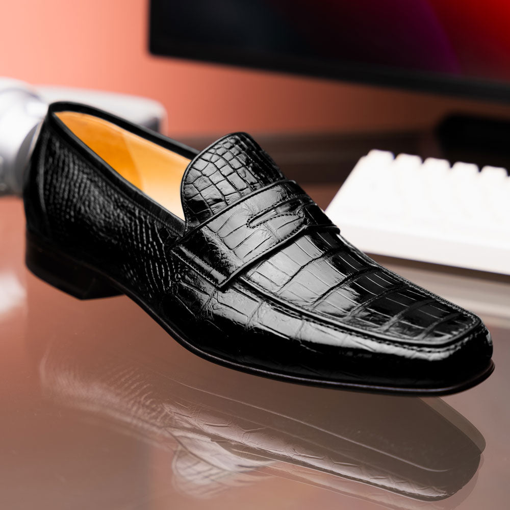 Caporicci 9961 Genuine Alligator Penny Loafers Black Size 9