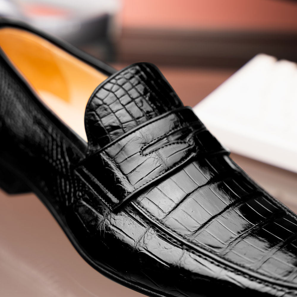 Caporicci 9961 Genuine Alligator Penny Loafers Black Size 9
