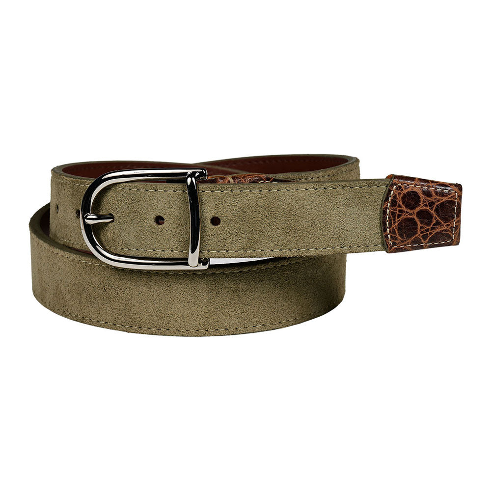 Torino Leather Italian Suede & Crocodile Embossed Belt Light Olive
